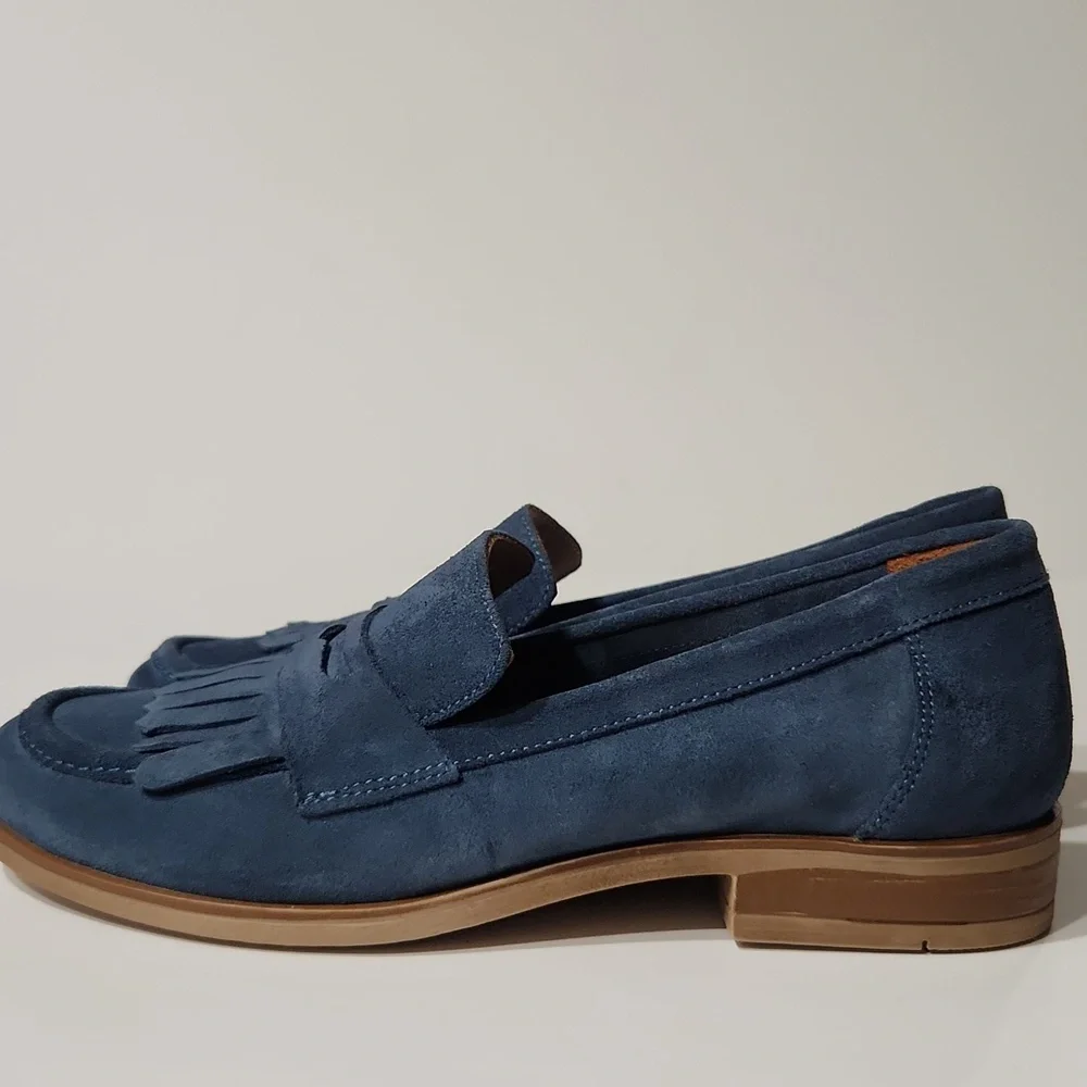 Miz Mooz Ilona Indigo Suede Fringe Penny Loafers Size 6